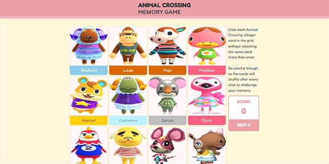 Homepage preview of Animal Crossing Memory Game