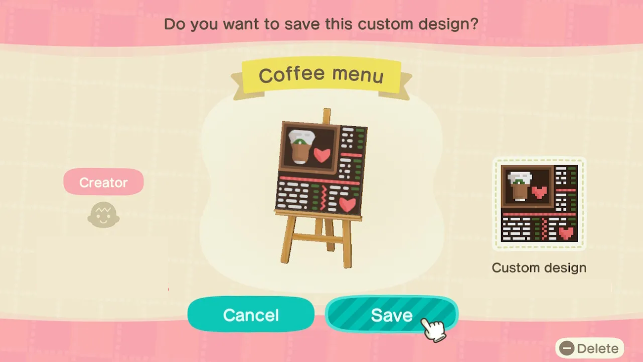 Animal Crossing cafe menu design minigame showcasing colours and fonts used in the page design