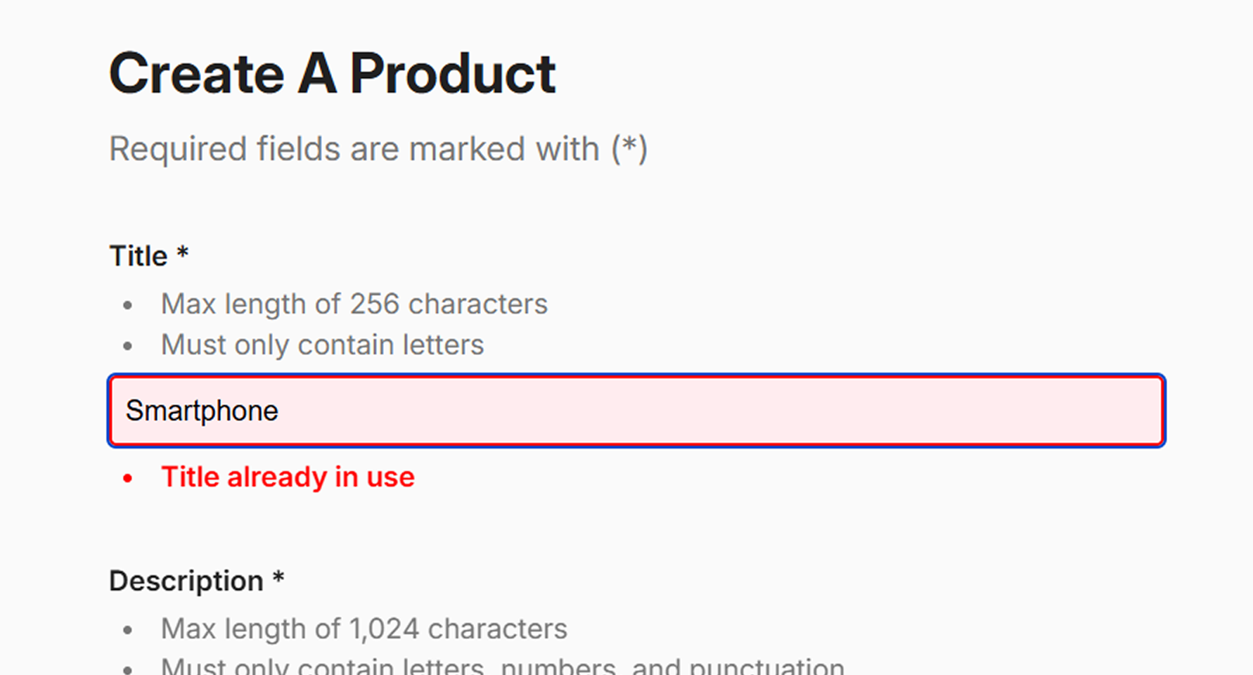 Create a product form from Bits N Bobs highlighting the field validation response to an invalid input