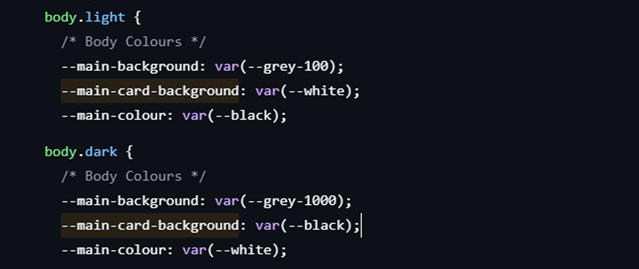 CSS code snippet showing actual application of light and dark theme