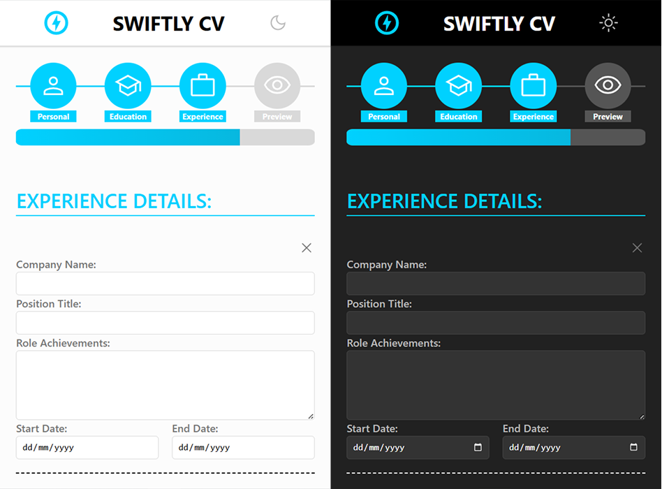 Light and dark themes for Swiftly CV shown side-by-side