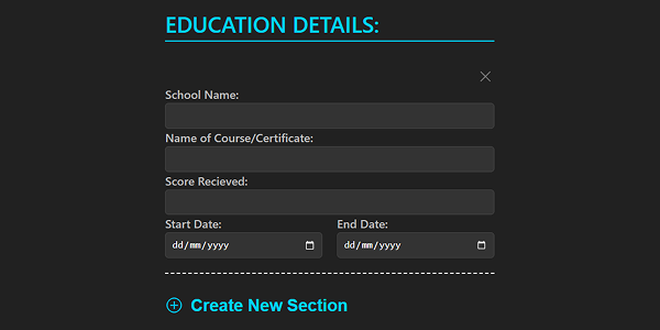Education form section from Swiftly CV showcasing the buttons for adding and deleting sections